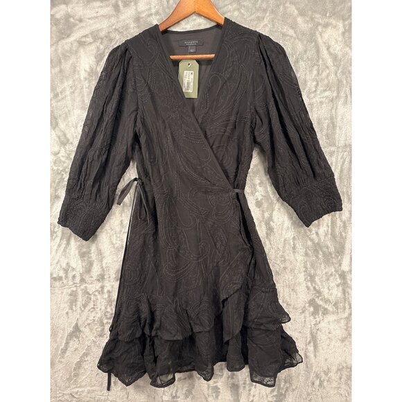 AllSaints Black Viscose Wrap Dress With Puff Sleeves Sz 4 - Picture 3 of 8